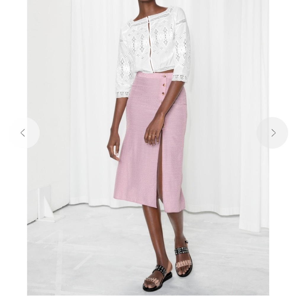 & Other Storie Pink Asymmetrical Pink MIDI Skirt with Slit and Buttons